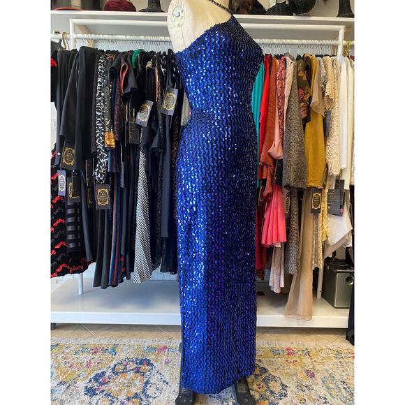 vintage 1980s metallic blue sequin one shoulder fitted gown by Climax, medium - Picture 5 of 10